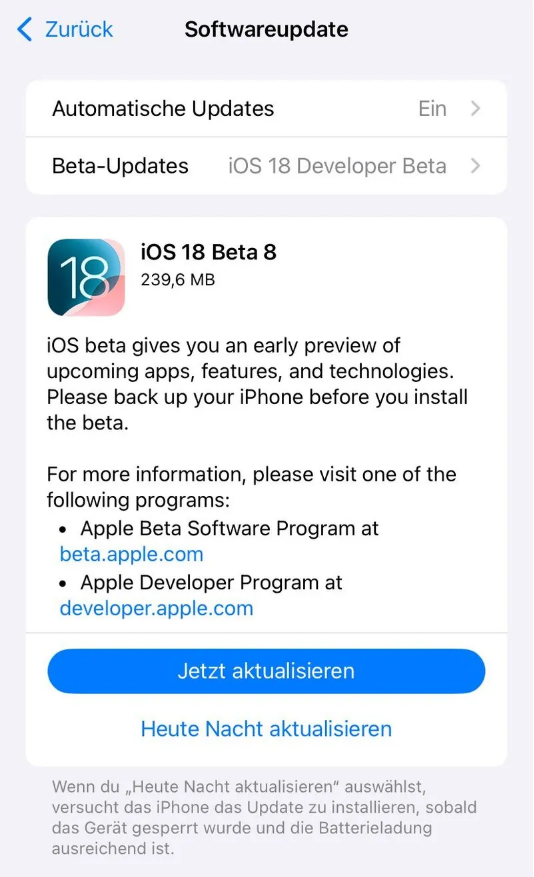 长泰苹果手机维修分享苹果 iOS / iPadOS 18 开发者预览版 Beta 8 发布 